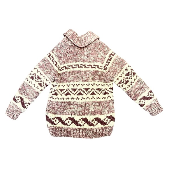 Vintage Cowichan Burgundy Cream Cowl Neck 1/4 Zip Handmade Sweater Kangaroo Pckt - Picture 4 of 12